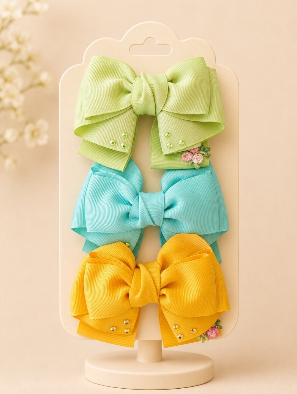Handmade Kids Triple Bow Hair Clips in Light Green, Turquoise & Yellow🎀✨